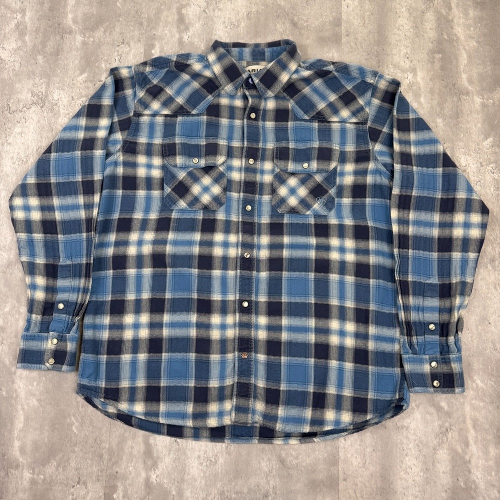 Ariat Flannel Shirt Mens XL Blue Retro Fit Plaid Pearl Snap Gorpcore Western